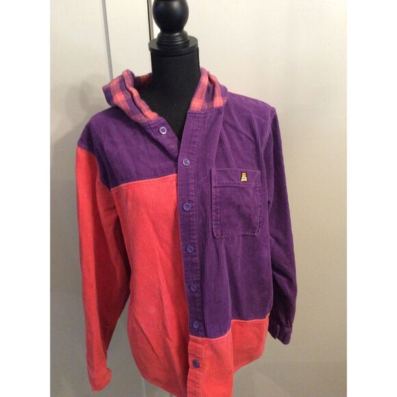 Large L Corduroy Button Up Hoodie Orange Purple Teddy Fresh Shacket Color Block - Picture 1 of 5
